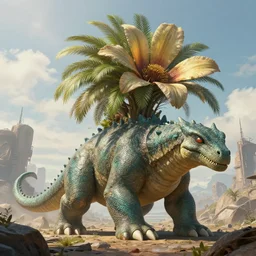 highly detailed portrait photo of a huge mûmakil-venusaur with a giant palm-like flower on its back, scenic dystopian environment, hyperrealistic Illustration