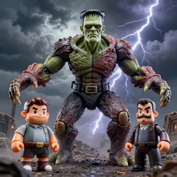 hyperrealistic rendering, epic boss battle, cronenberg flesh monster frankenstein, by art of skinner and richard corben, product photography, collectible action figure, sofubi, hottoys, storm clouds, outside, lightning