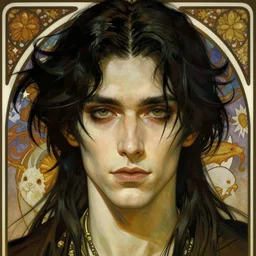 realistic detailed face portrait of a handsome goth male crow shaman by alphonse mucha, ayami kojima, amano, greg hildebrandt, and mark brooks, male, masculine, art nouveau, neo - gothic, gothic, character concept design