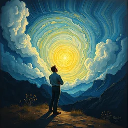 a sending down [ of the revelation ] from him who created the earth and the lofty heavens, overdetailed art, by van gogh, sharp focus, man standing