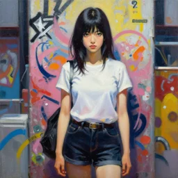 painting of a young japanese woman standing in harajuku street art by frank frazetta