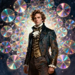 swarm of colorful glowing iridescent discs surrounding a victorian man, by greg rutkowski