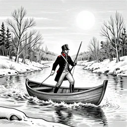 colonial soldier crossing river boat landscape waves winter moonlight line art