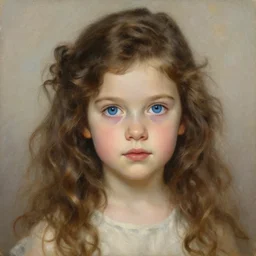 portrait of a 3 5 years old woman with long curly brown hair and blue eyes, beautiful painting by artgerm and greg rutkowski