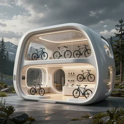futuristic bike shop, architectural plan, concept art, swiss style