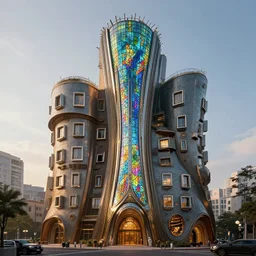 a steampunk-brutalist building designed by Frank Gehry, ArtStation, Deviantart, inspiration from Louis Tiffany--height 1024