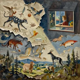 torn paper decollage, the singularity with creatures by shaun tan, detailed, intricate, oil on canvas by edward hopper, ( by mattias adolfsson ), by moebius