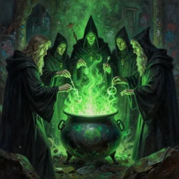 A highly detailed oil painting by Greg Rutkowski of a group of sorcerers wearing black robes making a potion in a huge bubbling cauldron glowing bright green, with lots of fire coming from it, highly detailed fantasy concept artwork, very realistic, green and black color scheme, graffiti.