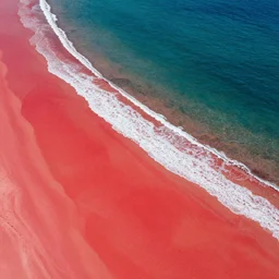 aerial drone photograph of a beautiful beach in western Australia, high quality, award winning, red!! sand, golden hour, Canon EOS R3, f/1.4, ISO 200, 1/160s, 8K, RAW, unedited, symmetrical balance, in-frame
