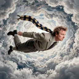 tom baker using his scarf to fly, psychedelic, clouds, 4 k, intricate high details, sharp, 1 9 7 7