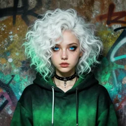 highly detailed portrait of a sewer punk lady student, blue eyes, hoodie, cloudy curly white hair by atey ghailan, by greg rutkowski, by greg tocchini, by james gilleard, by joe fenton, by kaethe butcher, gradient green, black, brown and cyan color scheme, grunge aesthetic!!! ( ( graffiti tag wall background ) )