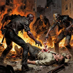 Zombies eating the flesh of a victim in a detailed city on fire by Greg Hildebrandt
