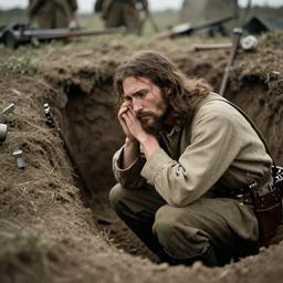 tilt shift jesus pondering over a dug out trench wwi, dramatic light, zdzidaw, ultrafine, hyperrealistic, vintage, retro, 3 5 mm film still, movie