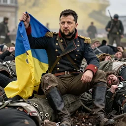 a magnificent picture of   Volodymyr Zelensky  at war,  dressed like  Napoleon Bonaparte, his clothes are torn and dirty, he is sitting between dead corpses and weeping, holding a half burnt blue and yellow flag of Ukraine, in the style of  Roy Lichtenstein