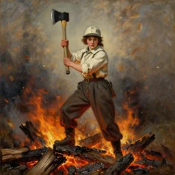 woman in a beekeper suit, holding a fire axe in the air, standing on a pile of burnt wood and embers, flying embers out of focus, in the style of 2 0 th century oil painting
