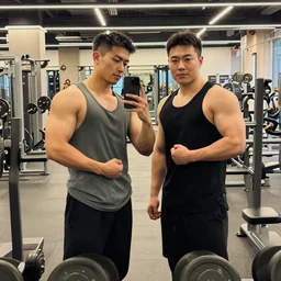 selfie of two typical gym bros being bros at the gym