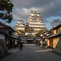 japanese city, road leading to himeji castle in the distance, by petros afshar and anton fadeev