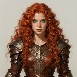 ranger, leather armor!!! long curly red hair!! covered chest!!! green eyes, fantasy, d & d, intricate ornate details, digital painting, pretty face!!, symmetry, concept art, sharp focus, illustration, art by artgerm! greg rutkowski magali villeneuve wlop! ilya kuvshinov!!, octane render