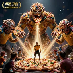 giant monsters made of pizza and sharp teeth eating people, star trek, film still from a movie directed by Denis Villeneuve  with art direction by Salvador Dalí, wide lens
