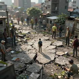 totally in an overpopulated city crumbling and cracked by biodiversities an isolated human is surrounded by others, full colour, hyper realistic photo, chiaroscuro, shallow depth of field, volumetric lighting, upscale, 8 k, masterpiece,