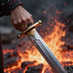 close up of a portrait of a hand gripping a sword coming out of lava, ultra realistic, 4 k, octane render