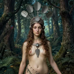 woman in a headdress made of wire and scales stands in a magical forest, by Sandro Botticelli
