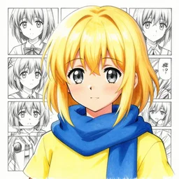 full headshot portrait of blond babe 3 years old with gray eyes with a blue scarf and yellow t - shirt, drawn by wlop, by avetetsuya studios, attractive character, colored sketch anime manga panel, cirno from touhou, trending on artstation