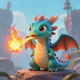 A Render of a cute wyvern dragon with bright eyes, sitting on a rock breathing fire. In the style of Pixar Animation.