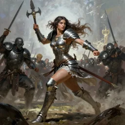 A very beautiful berserker woman, running into battle by Frank Frazetta, Greg Rutkowski, Boris Vallejo, epic fantasy character art, goddess of war, Exquisite detail, elven armor, post-processing, low angle, masterpiece, cinematic