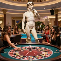 the statue david from michelangelo stting at a roulette table, playing roulette in ceasars palace in las vegas, sitting with beautiful women near the pool at pike's hotel in ibiza
