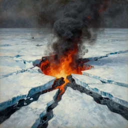 horrific painting of an ice floe meeting magma in the middle, in the style of vintage photography, textured, skewed perspective, last photo ever taken, apocalyptic event