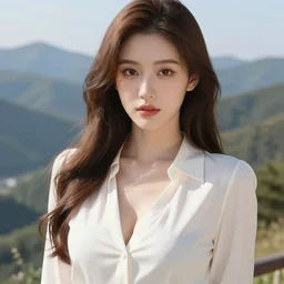 sexy girl wearing a low cut blouse, long brown hair, luscious lips, scenic view, mountain landscape, artstyle : high definition anime and ilya kuvshinov