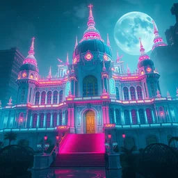 bright cyberpunk palace exterior, extreme opulence, utopia, cinematic, futuristic, realistic, detailed, aerial view
