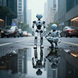 a robot boy sees himself reflected in a puddle on a street in a futuristic city in cinematic mode
