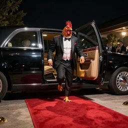a wide shot from a low angle of a chicken dressed in a suit stepping out of a limo and onto a red carpet at night