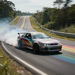 car drifting on a rainbow road, cinematic film still, 4 k