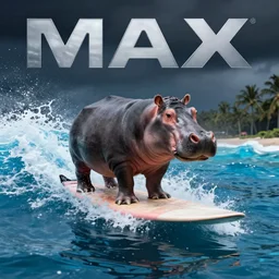 hippopotamus on a surfboard, surfing bright blue waves of an ocean off hawaii, digital art, octane render, imax, trending on artstation, dark mood