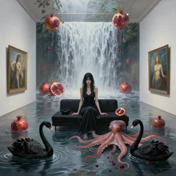 painting of a flooded art gallery, black lounge, a tall emo girl, art gallery interior, waterfall, pomegranates, sensual, octopus, zen, black swans, berries, surrealist, by magritte and monet
