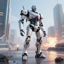 Amazing photorealistic digital concept art of a guardian robot in a futurstic city, by James Clyne and Joseph Cross. Cinematic. LED lighting. A bright billowing explosion in the distance. Wide angle. Clean lines.