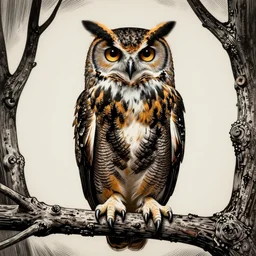 beautiful hyperrealist highly detailed cinematic lighting studio portrait of a great horned owl on a tree branch, symmetrical full body, high contrast wood engraving, moebius and charles burns comic style, shocking detail trending on artstation 8 k