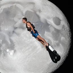 a man wearing swimming trunks using a jetpack to fly to the moon. photographic, photography