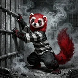 scary stories to tell in the dark illustration of an anthropomorphic red - black furry weasel / ferret / stoat / ermine fursona ( from the furry fandom ) in prisoner's regalia, in a prison cell, scratching desperately at the walls with his claws as a smoky cloud horror diffuses from his body ; pen detailing