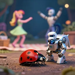 ground level shot of a ladybug on a robotic ( my little pony ). the ladybug is also a robot. there's also someone doing polka dancing in the background. maybe a picnic? digital art, professional, high quality, dramatic lighting, dof, bokeh, action