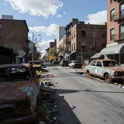 wide angle shot of dilapidated zombie - apocalypse new york city in real life, desolate with zombies, dilapidated, empty streets, nightmarish, some rusted style parked vehicles, sunny weather, few clouds, volumetric lighting, photorealistic, daytime, autumn, sharp focus, ultra detailed, cgsociety
