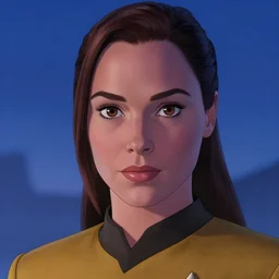 a disney film still of gal gadot as a star trek officer, finely detailed features, closeup of the face, perfect art, dusk, blue hour, gapmoe yandere grimdark, trending on pixiv fanbox, painted by greg rutkowski, makoto shinkai, takashi takeuchi, alphonse mucha, akihiko yoshida