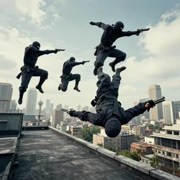 over detailed hyperrealism photo - realistic photography of ninjas performing parkour while in a gunfight with pistols jumping from rooftop to rooftop award winning movie still beautiful siconolfini city in the background, 8 k intricate detailed action shot wide lens
