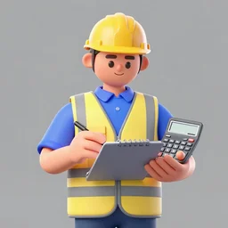 a worker with a hard hat and reflective vest writing in a notepad holding a calculator vector, 3 d, realistic