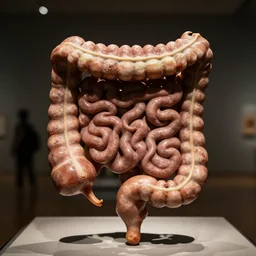 a rhizotamic small intestine as an sculpture in middle of a museum horror film practical fx