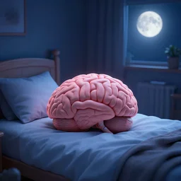 a beautiful 3 d render of a brain tucked into a cozy bed in a cozy bedroom at night, lit by moonlight, epic composition, rendered in arnold, by thomas kinkade, raphael lacoste, makoto shinkai, expansive view, rule of thirds golden ratio clean, light effect, 8 k, maya renderer, unreal engine
