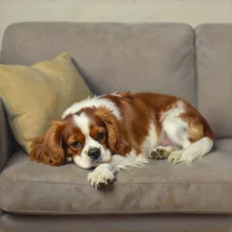 a cavalier king charles spaniel who is really bored, tired, lying on a sofa with pillows, oil on canvas, by artgerm and greg rutkowski